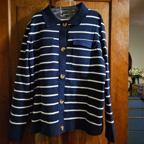 Merokeety Navy & White Striped Button Cardigan Sweater Women's Large NWT Nautic - Picture 8 of 10